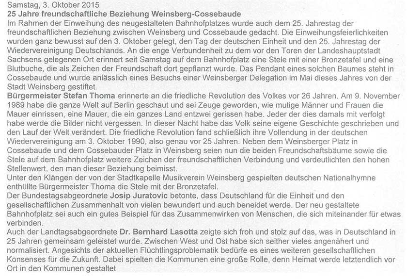 Einweihung Bahnhofsvorplatz in Weinsberg mit Pflanzung eines Freundschaftsbaumes